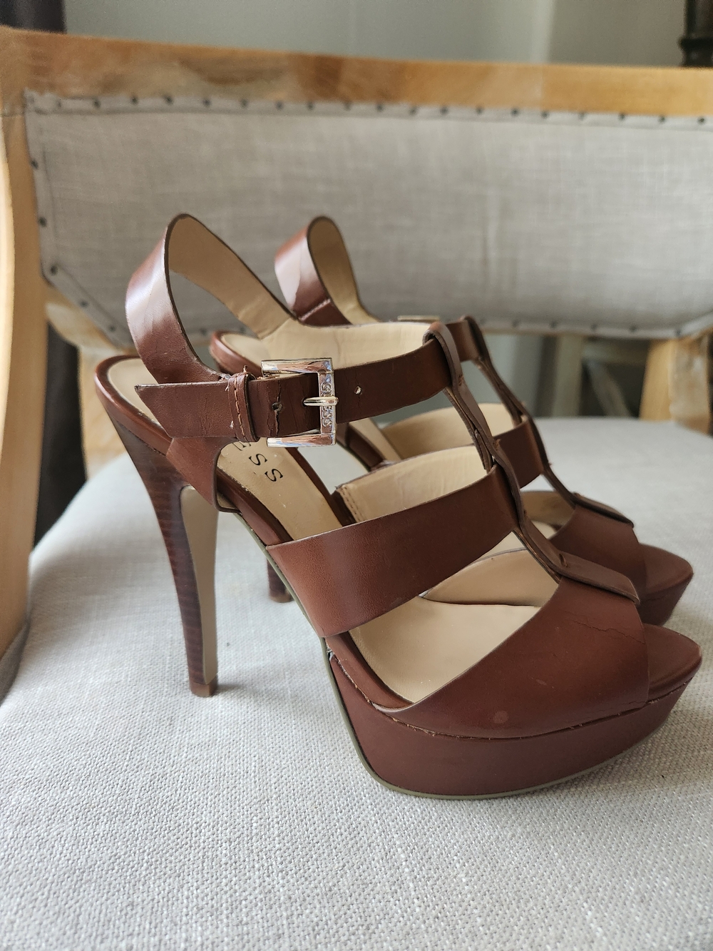 Guess Brown Strappy Platform High Heel Sandals 7.5
